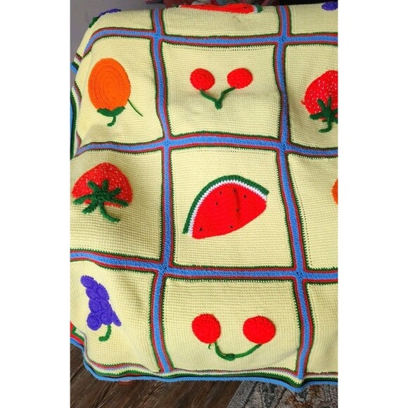 Handmade Crochet Multicolored Fruit Medley Blanket Spring and Summer Throw 72X54 - Picture 3 of 8
